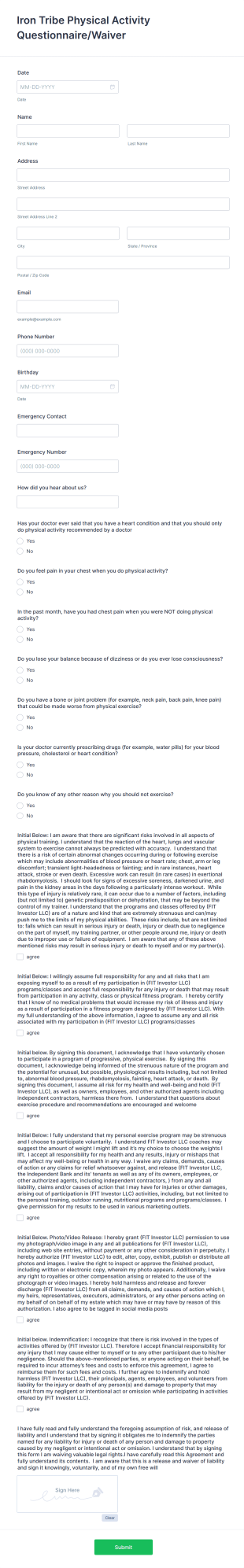 Physical Activity Questionnaire And Waiver Form Template
