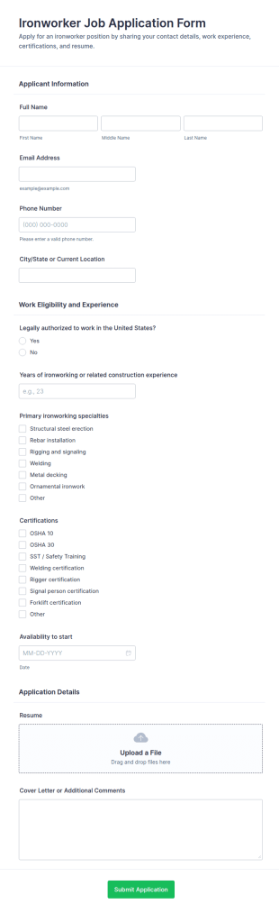 Ironworker Job Application Form Template
