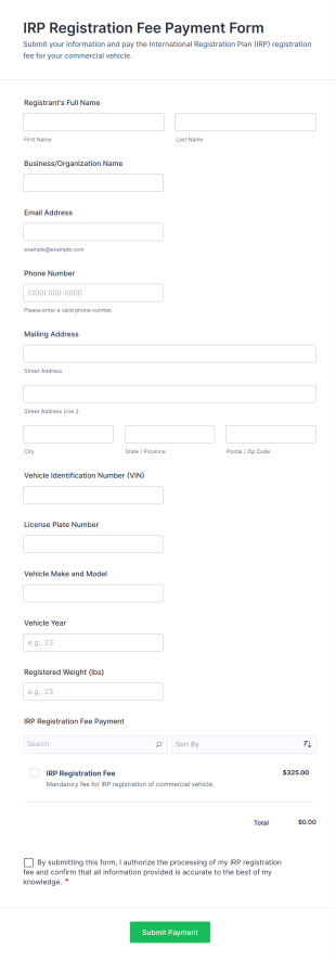 IRP Registration Fee Payment Form Template