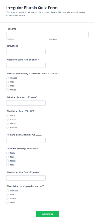 Irregular Plurals Quiz Form Template