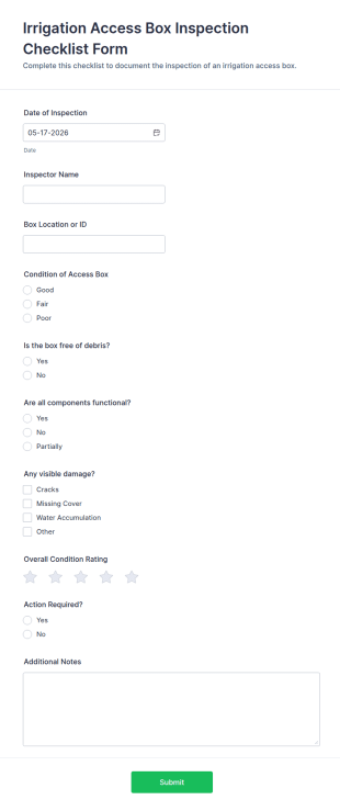 Irrigation Access Box Inspection Checklist Form Template