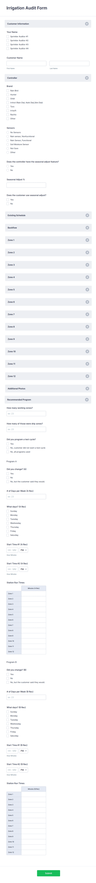 Irrigation Audit Form Template