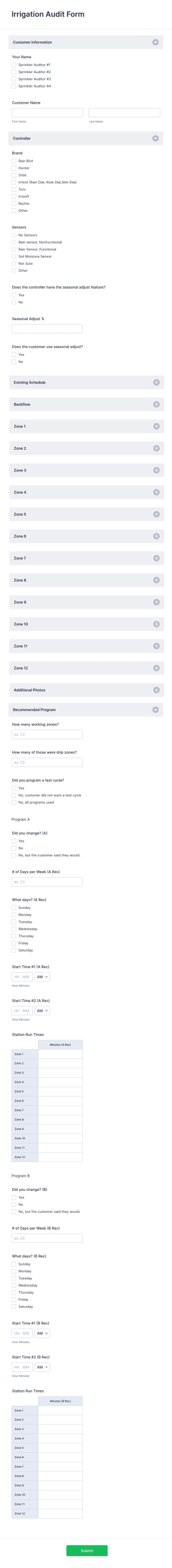Irrigation Audit Form Template