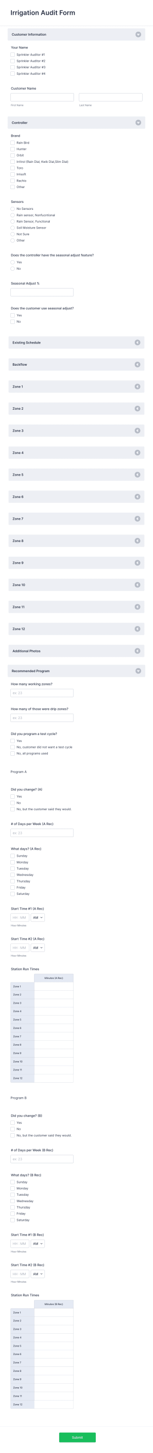 Irrigation Audit Form Template