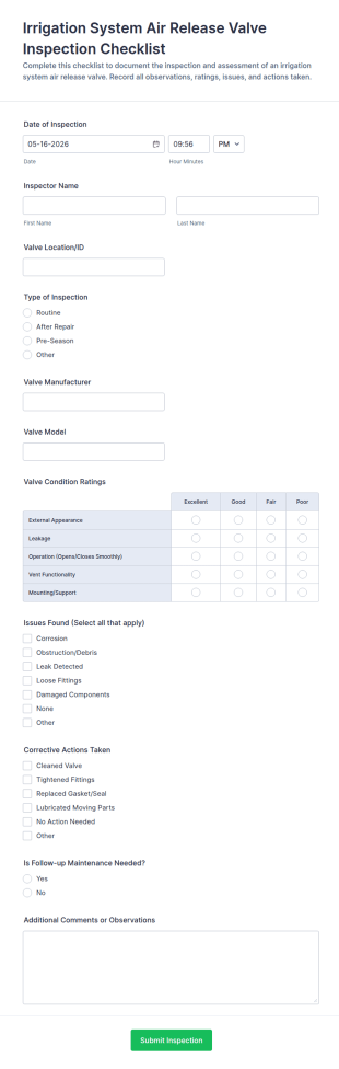 Irrigation System Air Release Valve Inspection Checklist Form Template