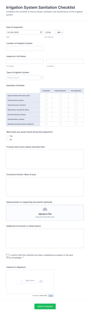 Irrigation System Sanitation Checklist Form Template