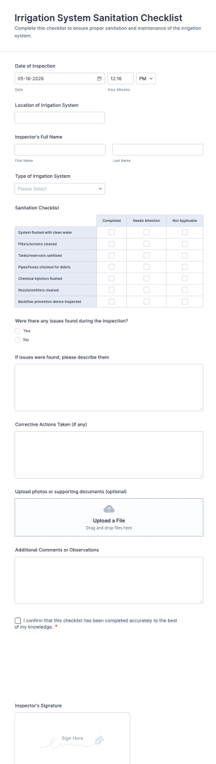 Irrigation System Sanitation Checklist Form Template