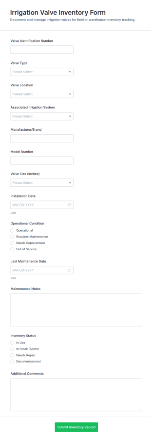 Irrigation Valve Inventory Form Template