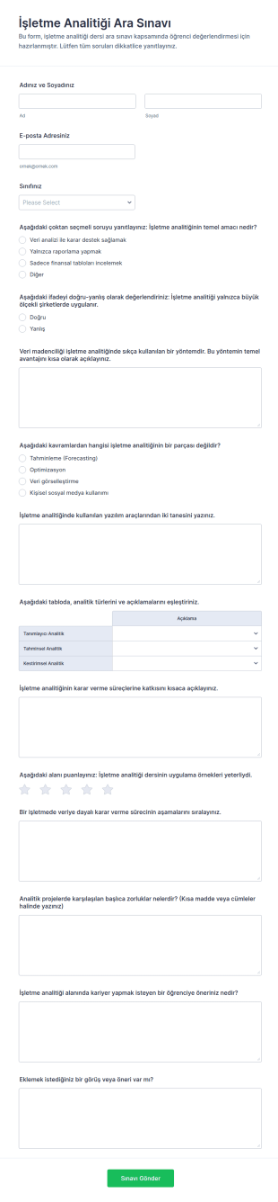 İş Analitiği Ara Sınav Quiz’i Form Şablonu