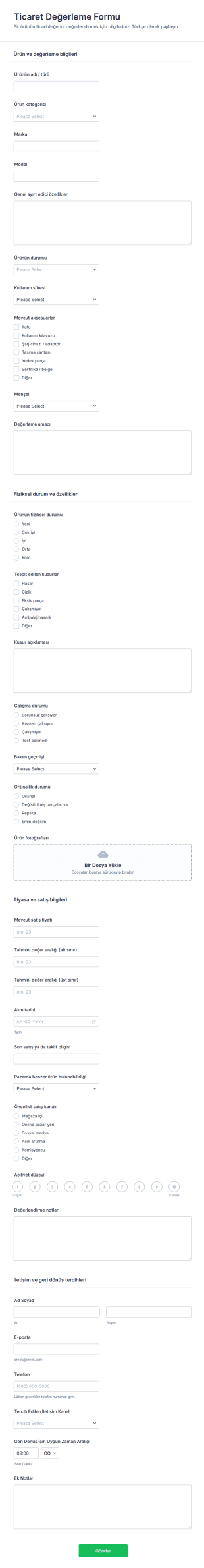 Ticari Değerleme Form Şablonu