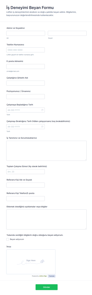 İş Deneyimi Beyan Form Şablonu