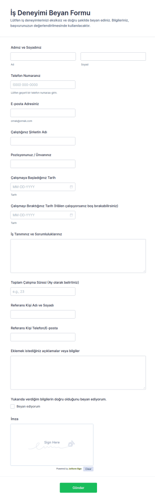 İş Deneyimi Beyan Form Şablonu