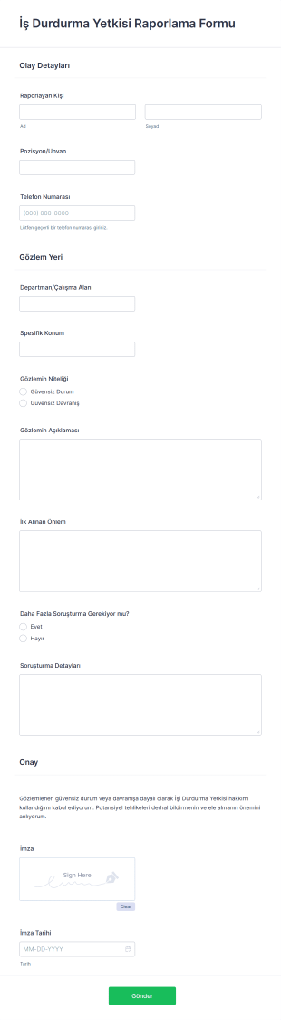 İş Durdurma Yetkisi Raporlama Form Template