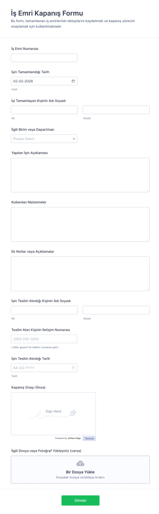 İş Emri Kapanış Form Şablonu