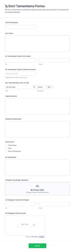İş Emri Tamamlama Form Şablonu