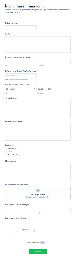 İş Emri Tamamlama Form Şablonu