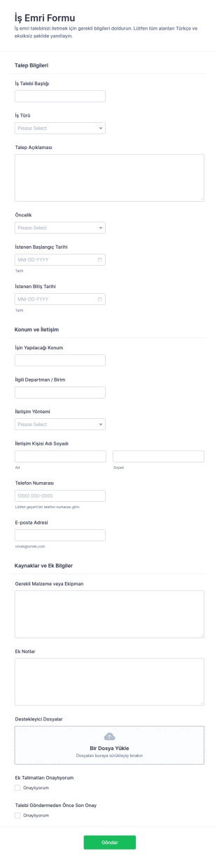 İş Emri Teslim Form Şablonu
