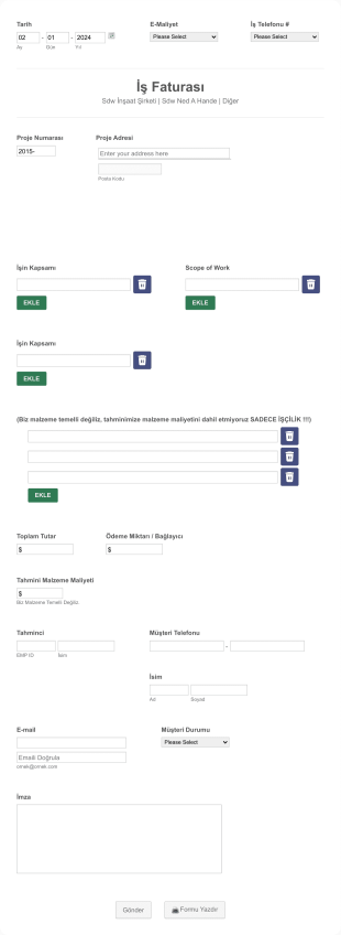 İş Faturası Form Template