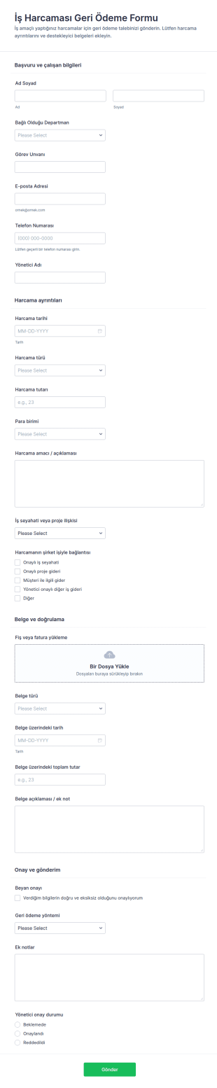 İş Giderleri Geri Ödeme Form Şablonu