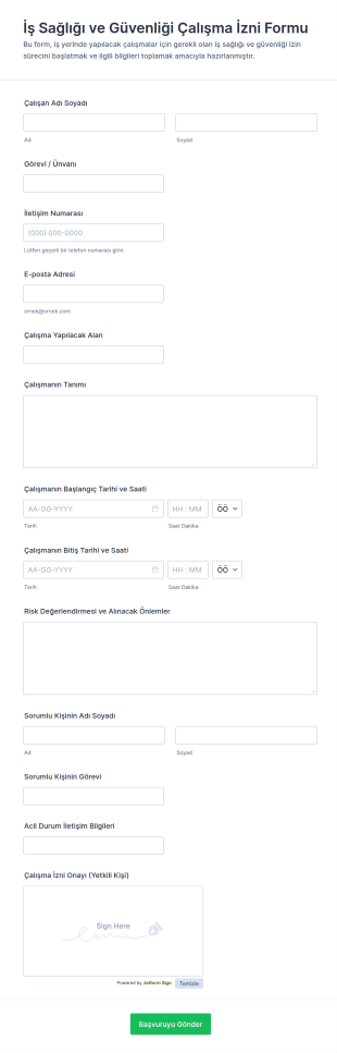 İş Güvenliği Çalışma İzin Form Şablonu