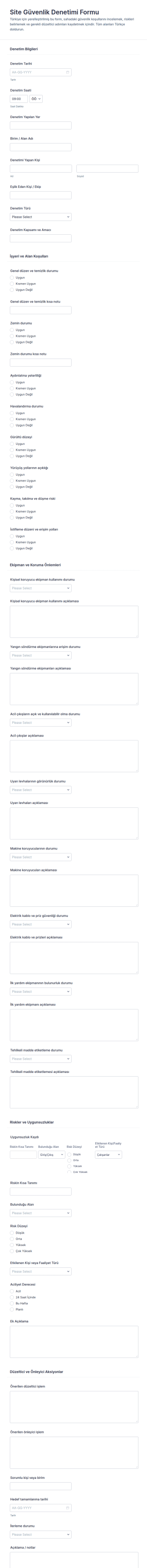 İş Güvenliği Denetim Raporu Form Şablonu