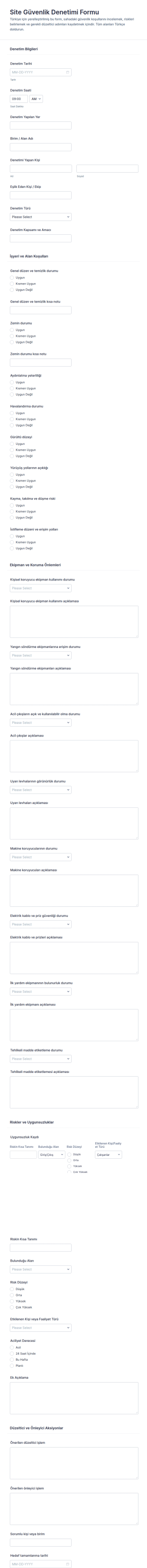 İş Güvenliği Denetim Raporu Form Şablonu