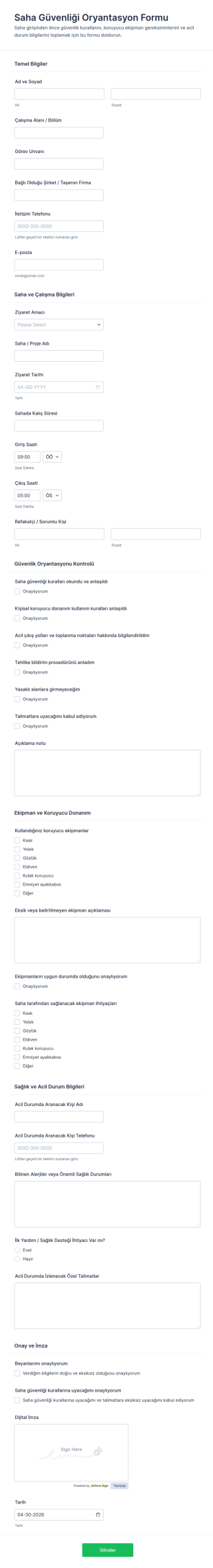 İş Güvenliği Giriş Form Şablonu