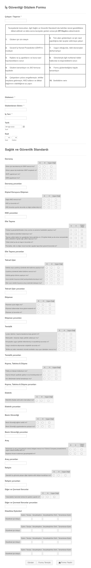 İş Güvenliği Gözlem Form Şablonu