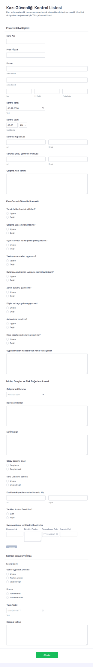 İş Güvenliği Kontrol Listesi Form Şablonu