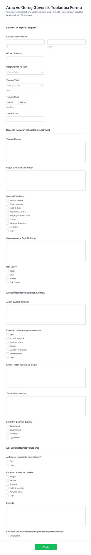 İş Güvenliği Toplantısı Form Şablonu