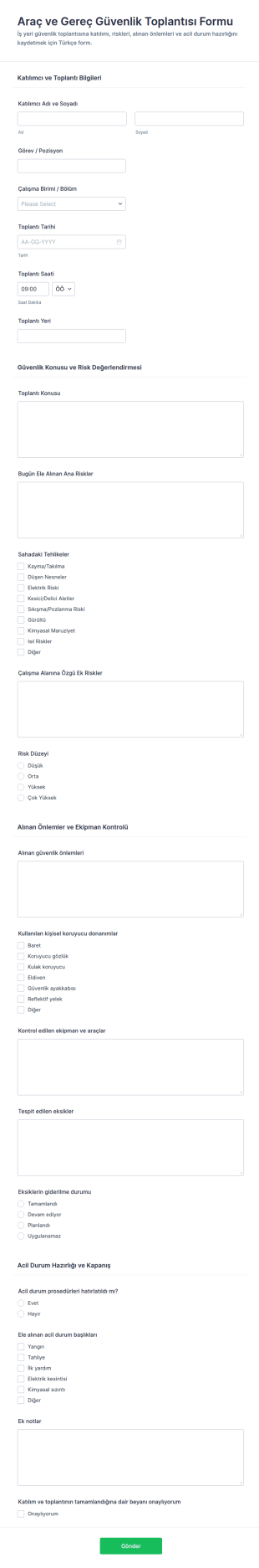 İş Güvenliği Toplantısı Form Şablonu