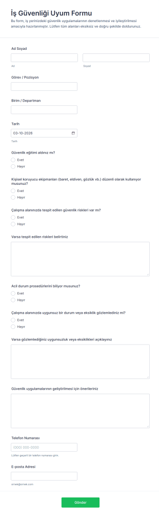 İş Güvenliği Uyum Form Şablonu