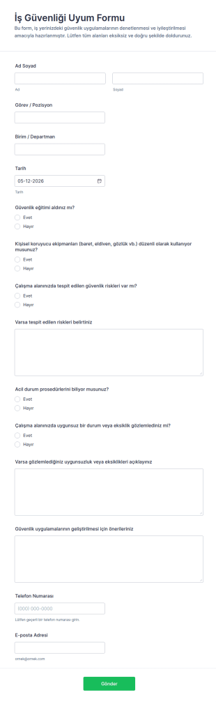 İş Güvenliği Uyum Form Şablonu