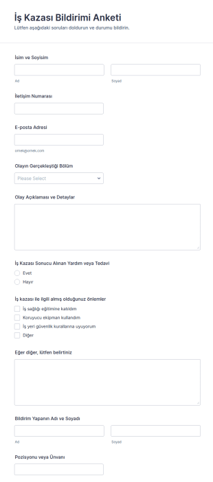 İş Kazası Bildirimi Anketi Form Şablonu