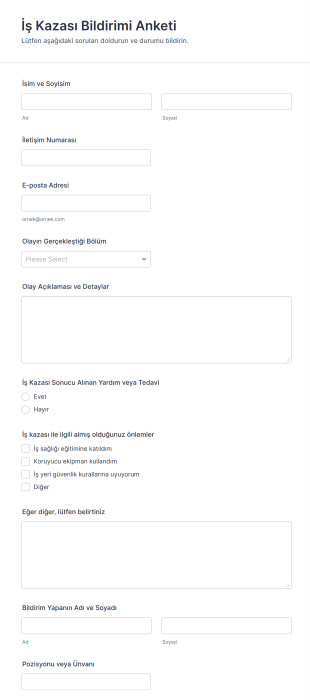 İş Kazası Bildirimi Anketi Form Şablonu