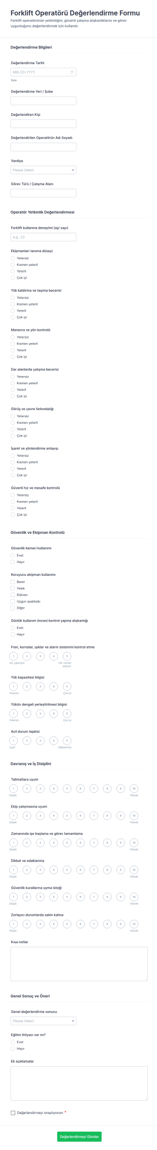 İş Makinesi Operatörü Değerlendirme Anketi Form Şablonu