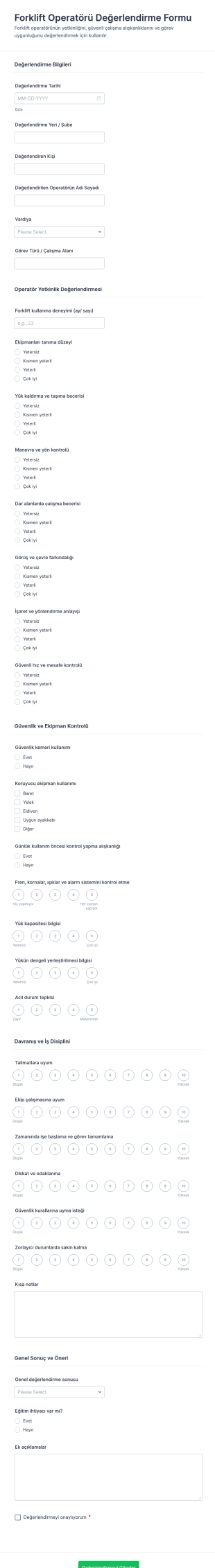 İş Makinesi Operatörü Değerlendirme Anketi Form Şablonu
