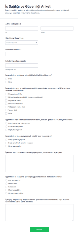 İş Sağlığı Ve Güvenliği Anketi Form Şablonu