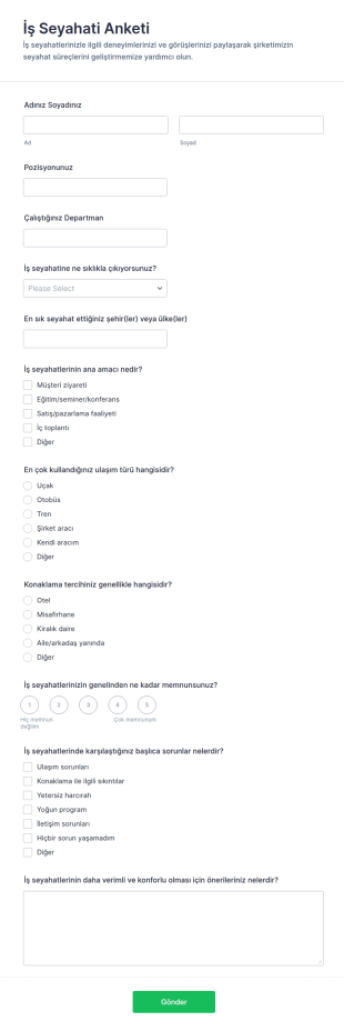 İş Seyahati Anketi Form Şablonu