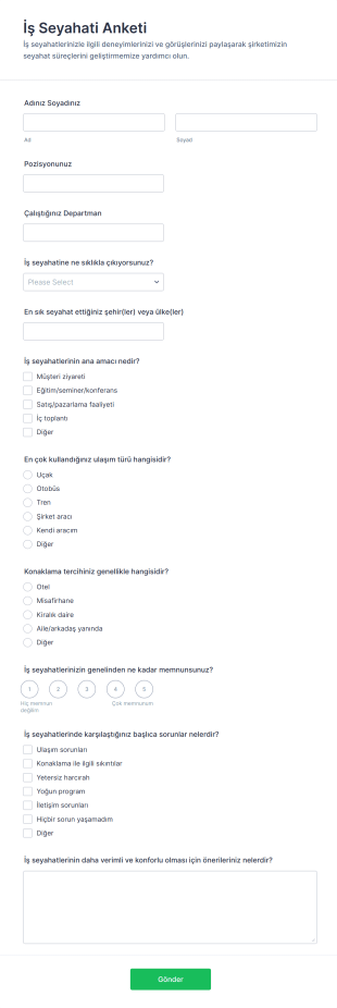 İş Seyahati Anketi Form Şablonu
