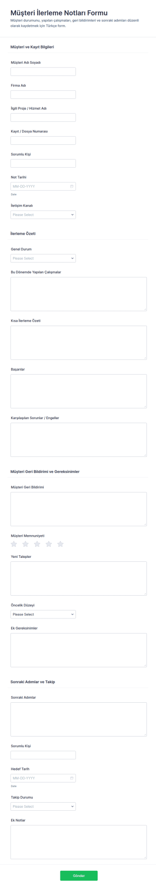İş Takip Notları Anketi Form Şablonu