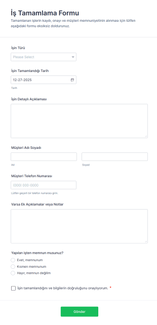 İş Tamamlama Form Template