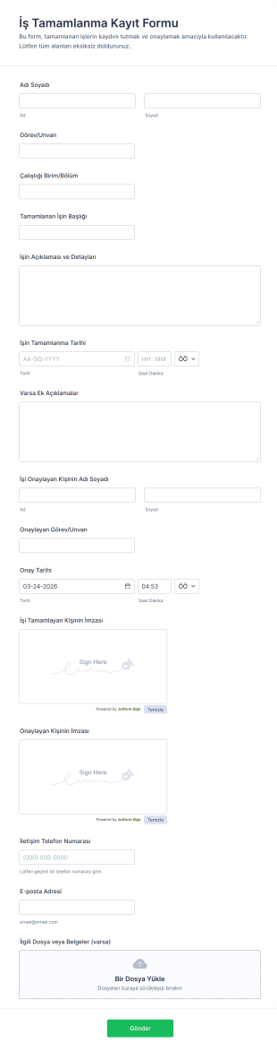İş Tamamlanma Kayıt Form Şablonu