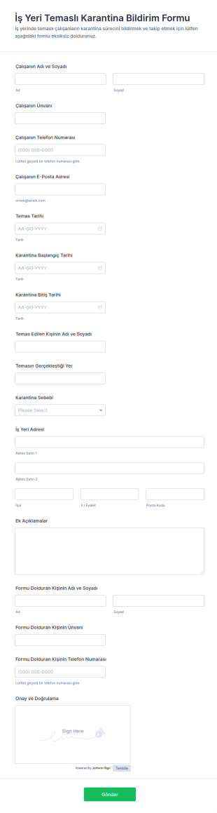 İş Yeri Temaslı Karantina Bildirim Form Şablonu