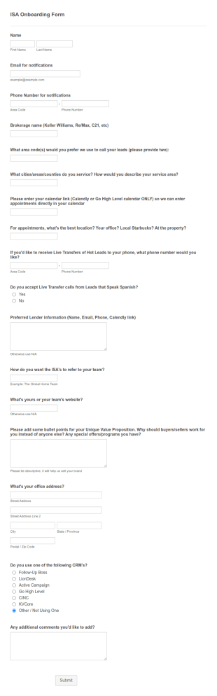 ISA Onboarding Form Template