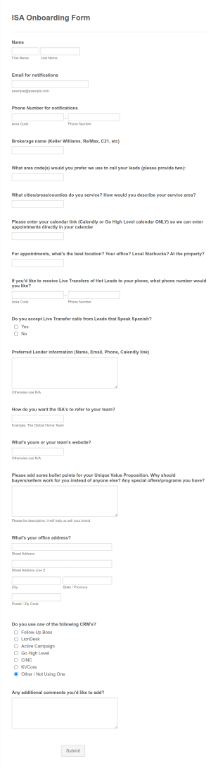ISA Onboarding Form Template