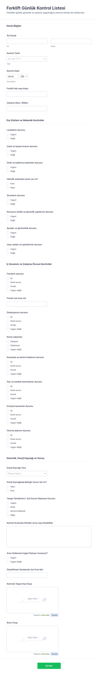 İşaretleme Listesi Form Şablonu