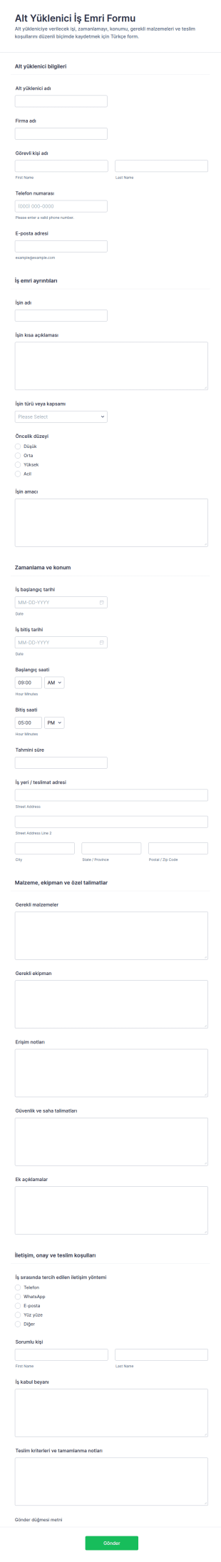 İşçi Alt Sözleşmesi İş Emri Form Şablonu