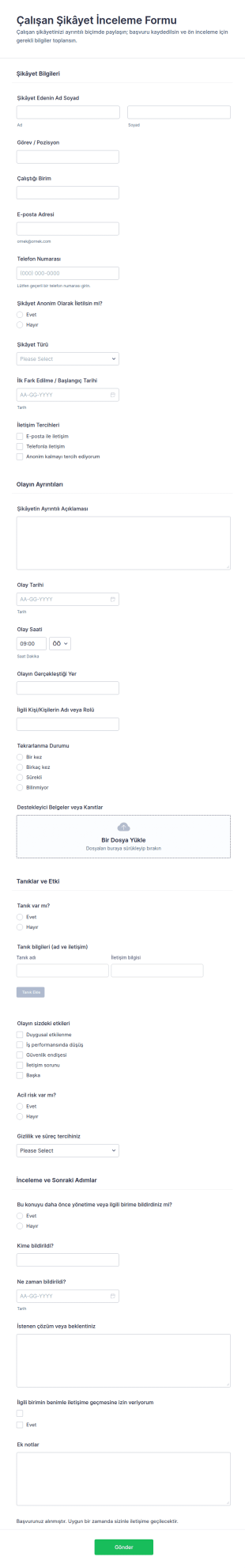 İşçi Şikayetleri Soruşturma Anketi Form Şablonu