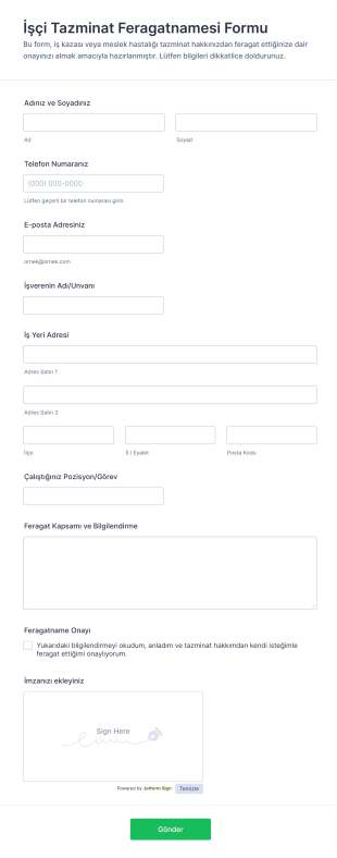 İşçi Tazminat Feragatnamesi Form Template